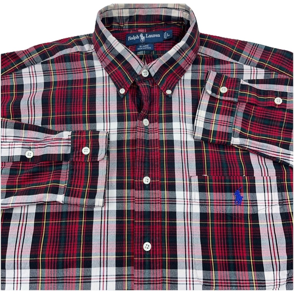 Ralph‎ Lauren Oxford Shirt Men Large Red Plaid Blaire Button Up Pocket Dress P7*